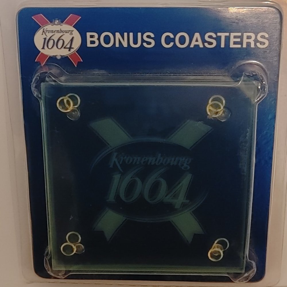 KRONENBOURG 1664 Glass Coasters BNIP Set of 2 Rubber Feet Protect Your Surfaces